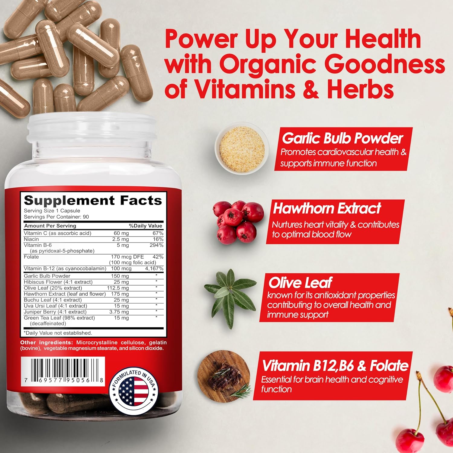 Natural Blood Pressure Support Supplement with Hawthorn, Hibiscus & Garlic Extract - Promotes Cardiovascular Health and Normal Heart Function