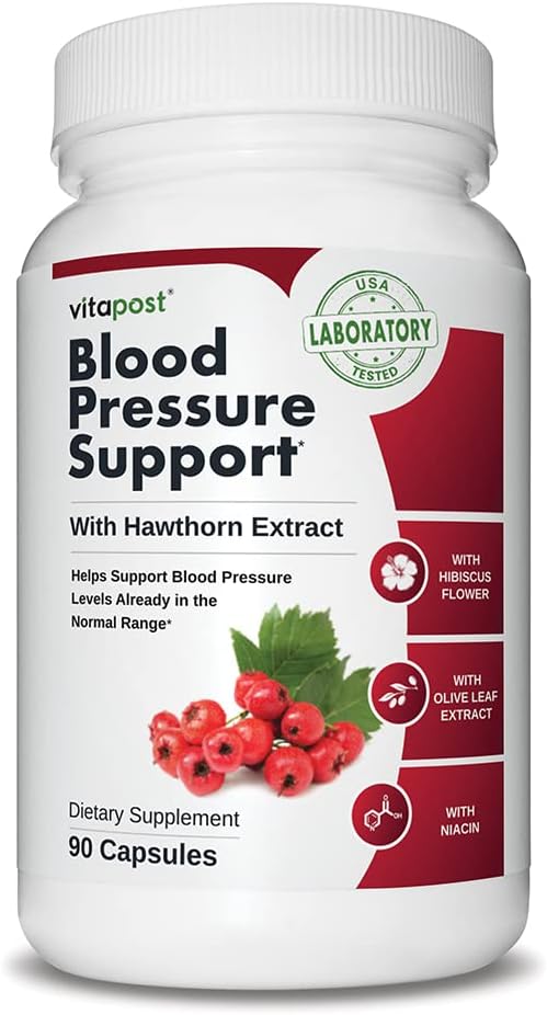 Natural Blood Pressure Support Supplement with Hibiscus Flower, Olive Leaf & Hawthorn - 90 Capsules