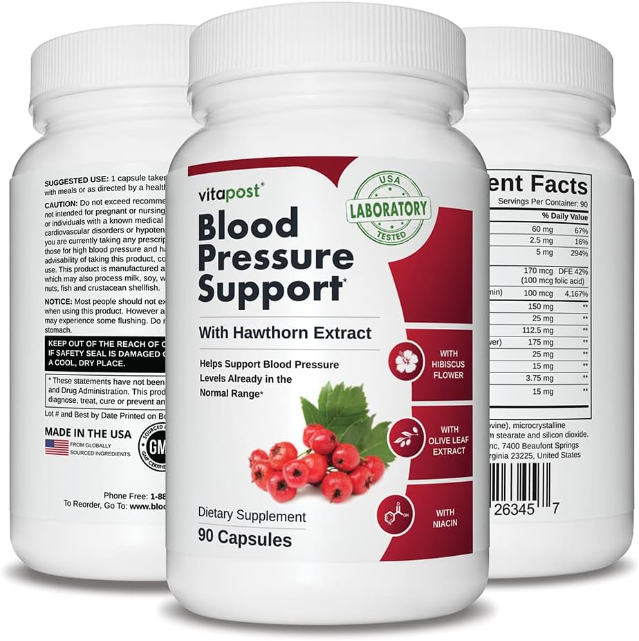 Natural Blood Pressure Support Supplement with Hibiscus Flower, Olive Leaf & Hawthorn - 90 Capsules