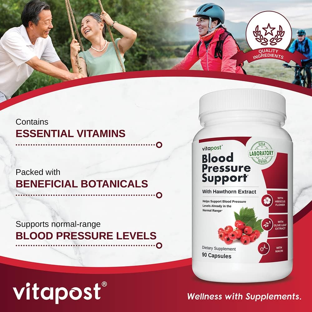 Natural Blood Pressure Support Supplement with Hibiscus Flower, Olive Leaf & Hawthorn - 90 Capsules