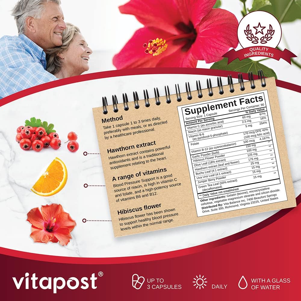 Natural Blood Pressure Support Supplement with Hibiscus Flower, Olive Leaf & Hawthorn - 90 Capsules