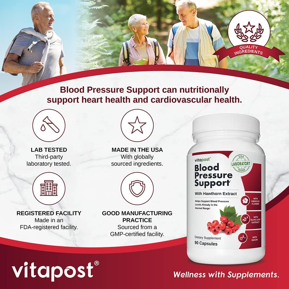 Natural Blood Pressure Support Supplement with Hibiscus Flower, Olive Leaf & Hawthorn - 90 Capsules