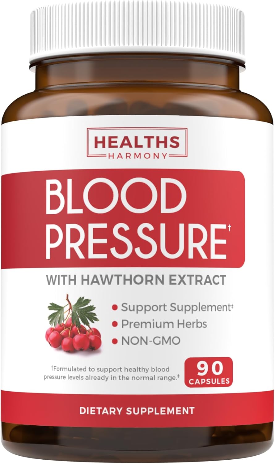 Natural Blood Pressure Support Supplement with High Hawthorn Berry Extract - Non-GMO Formula for Healthy Blood Pressure - 90 Capsules by Healths Harmony