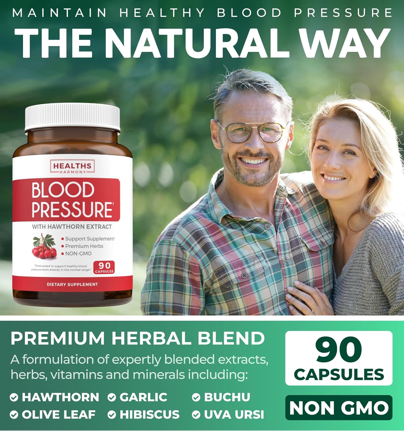 Natural Blood Pressure Support Supplement with High Hawthorn Berry Extract - Non-GMO Formula for Healthy Blood Pressure - 90 Capsules by Healths Harmony