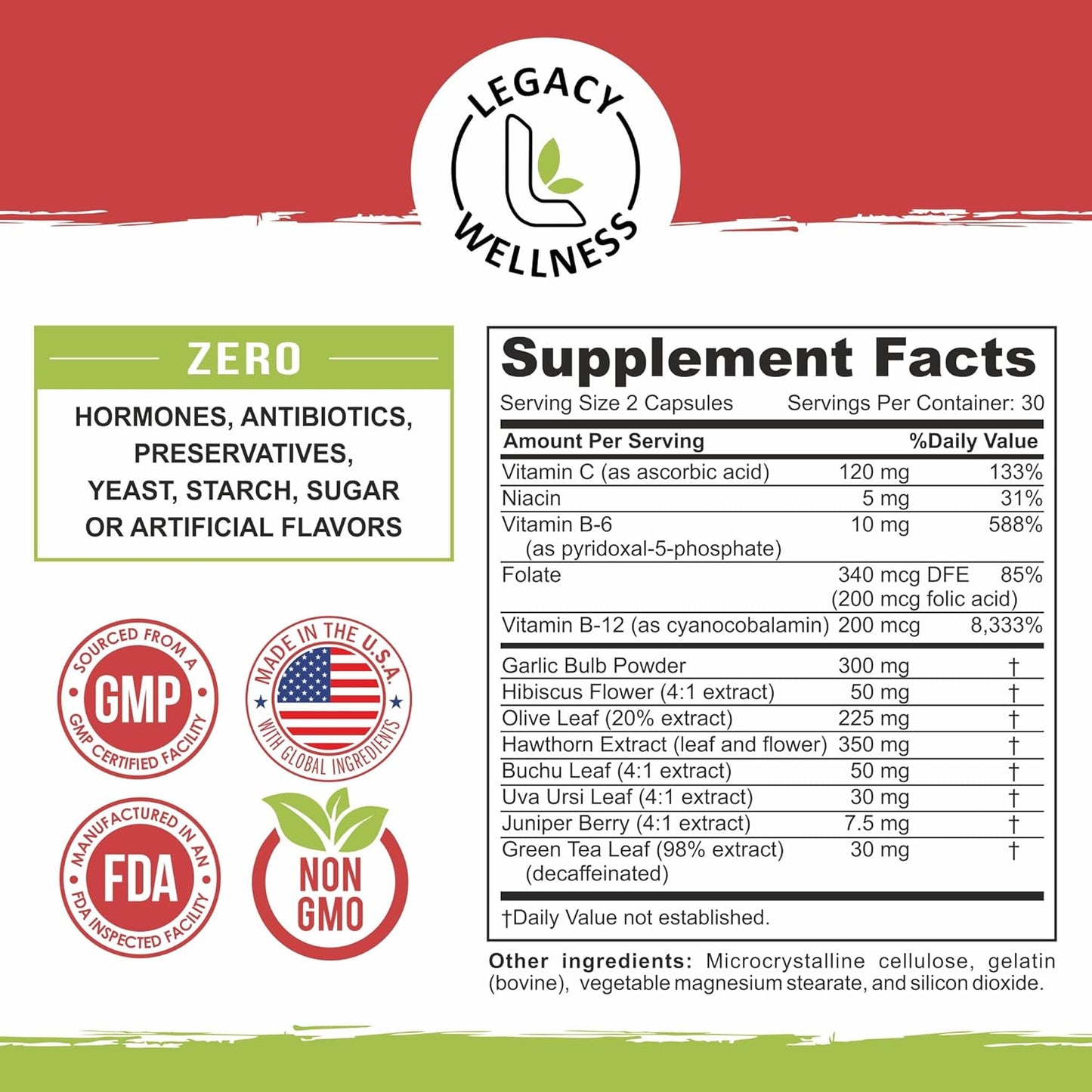 Natural Blood Pressure Support Supplement with Vitamins & Herbs - Promotes Circulation & Blood Flow - Hawthorn Berry, Garlic, Hibiscus Capsules for Men & Women - LegacyNutra BP Rescue
