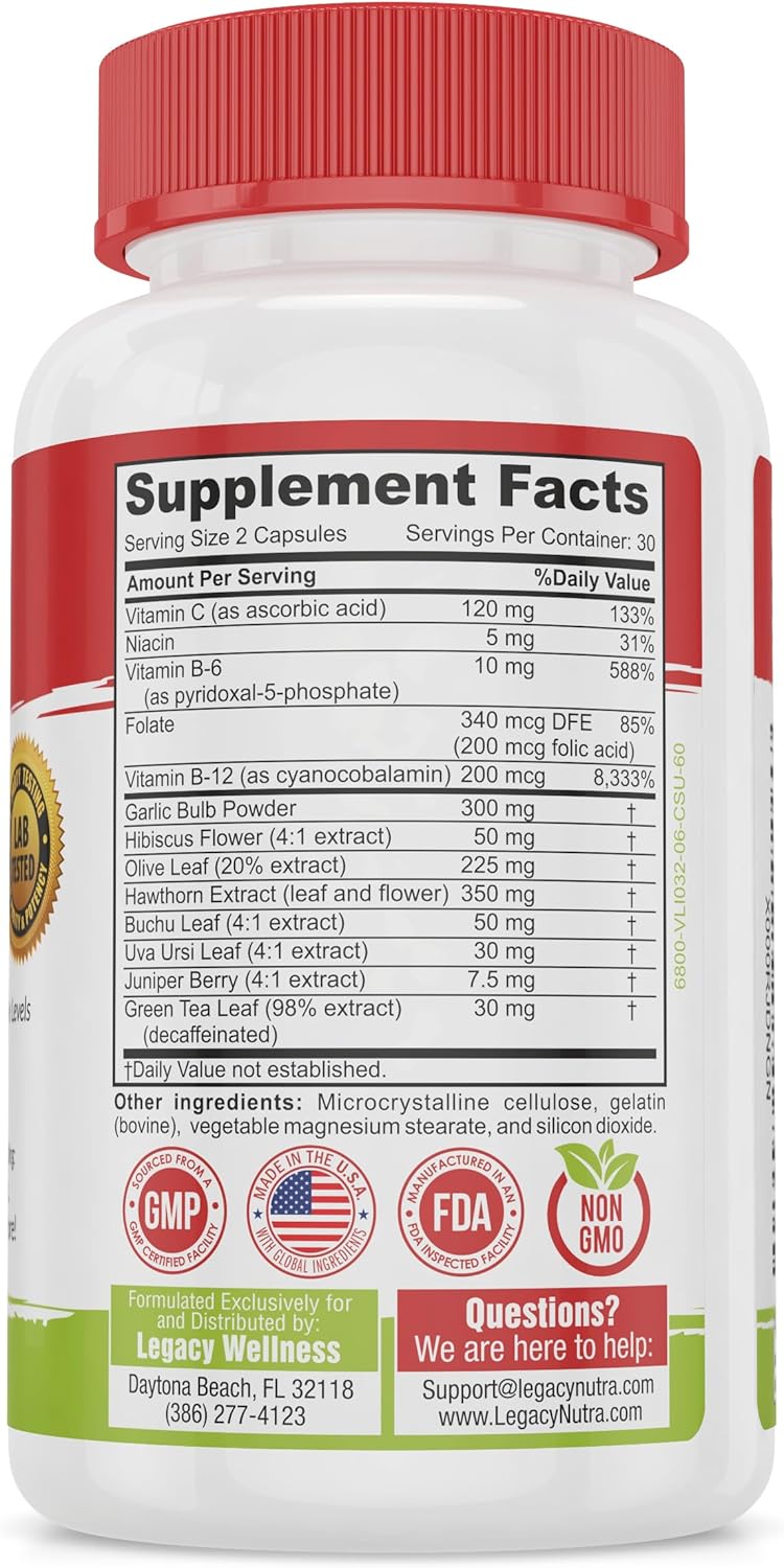 Natural Blood Pressure Support Supplement with Vitamins & Herbs - Promotes Circulation & Blood Flow - Hawthorn Berry, Garlic, Hibiscus Capsules for Men & Women - LegacyNutra BP Rescue