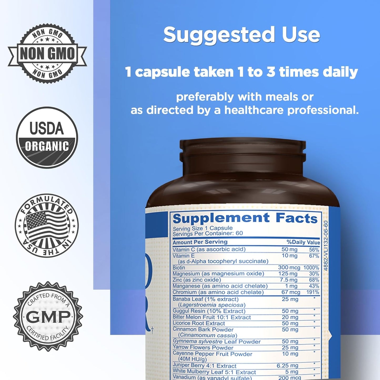 Natural Blood Sugar Support Supplement with 20 Herbs and Vitamins, Cinnamon, Alpha Lipoic Acid - Non-GMO Energy Booster for Men and Women - 60 Herbal Pills, 30 Day Supply