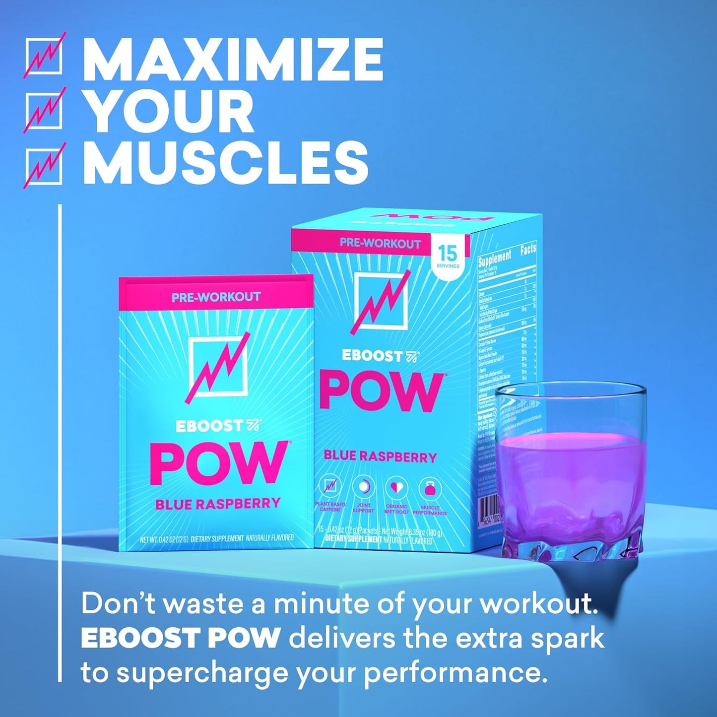Natural Blue Raspberry Pre Workout Powder for Performance & Energy - 15 Packets - Boosts Joint Mobility & Focus - Non-GMO & Gluten-Free Formula for Men & Women