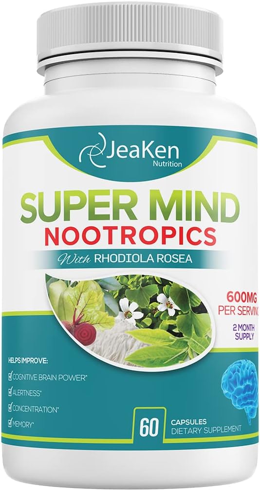 Natural Brain Boost Supplement with Bacopa Monnieri, Rhodiola Rosea, Ginkgo Biloba & Vitamin B12 - 60 Vegan Capsules - Made in USA by JeaKen