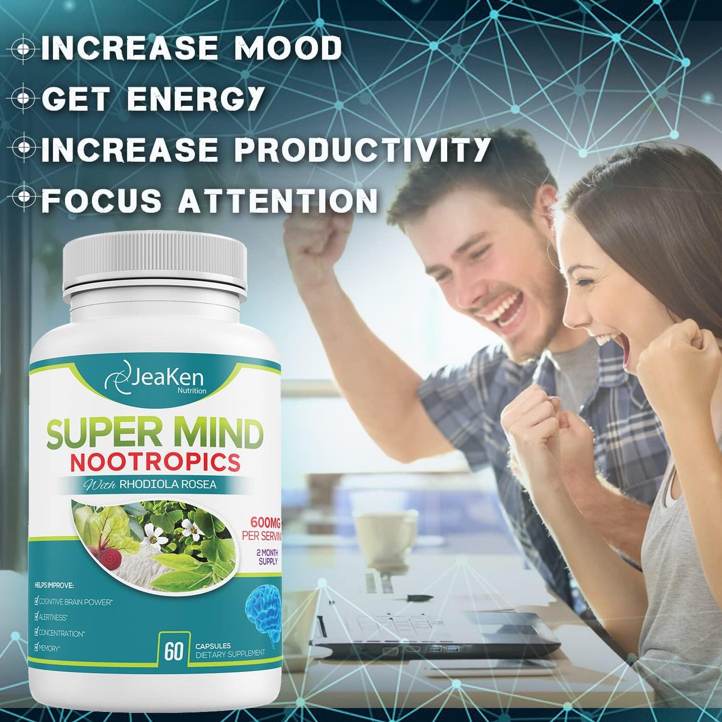 Natural Brain Boost Supplement with Bacopa Monnieri, Rhodiola Rosea, Ginkgo Biloba & Vitamin B12 - 60 Vegan Capsules - Made in USA by JeaKen