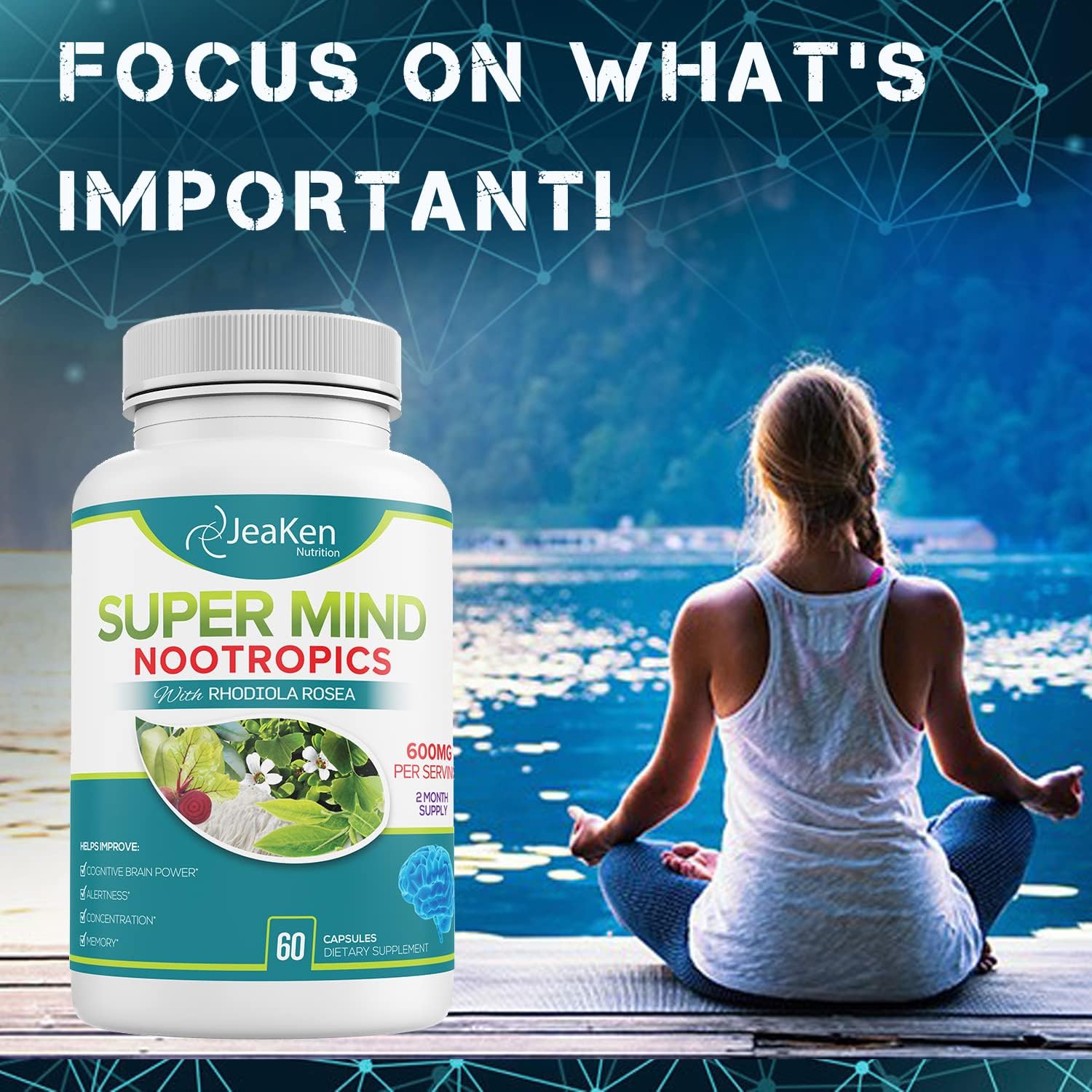 Natural Brain Boost Supplement with Bacopa Monnieri, Rhodiola Rosea, Ginkgo Biloba & Vitamin B12 - 60 Vegan Capsules - Made in USA by JeaKen