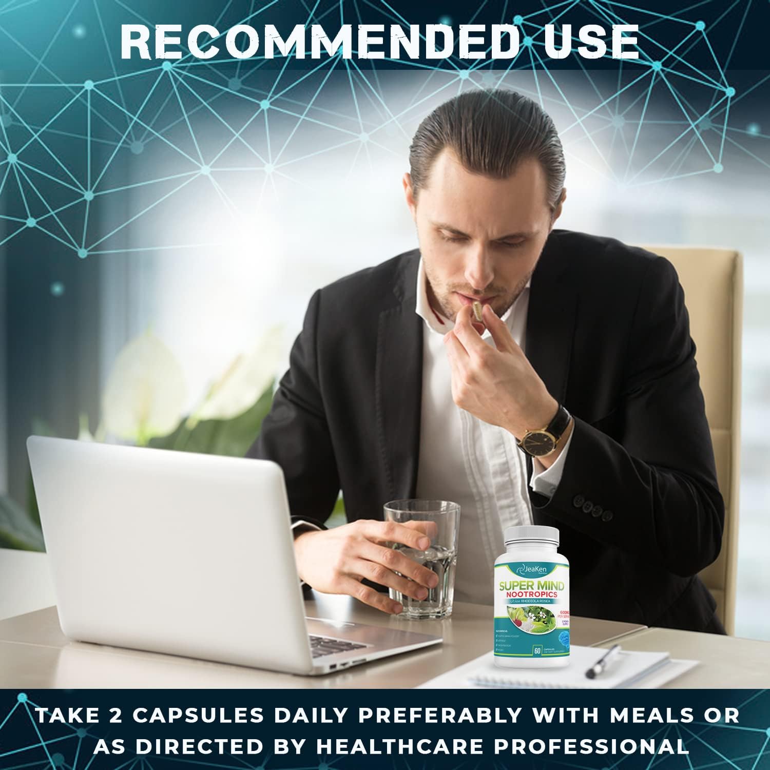 Natural Brain Boost Supplement with Bacopa Monnieri, Rhodiola Rosea, Ginkgo Biloba & Vitamin B12 - 60 Vegan Capsules - Made in USA by JeaKen