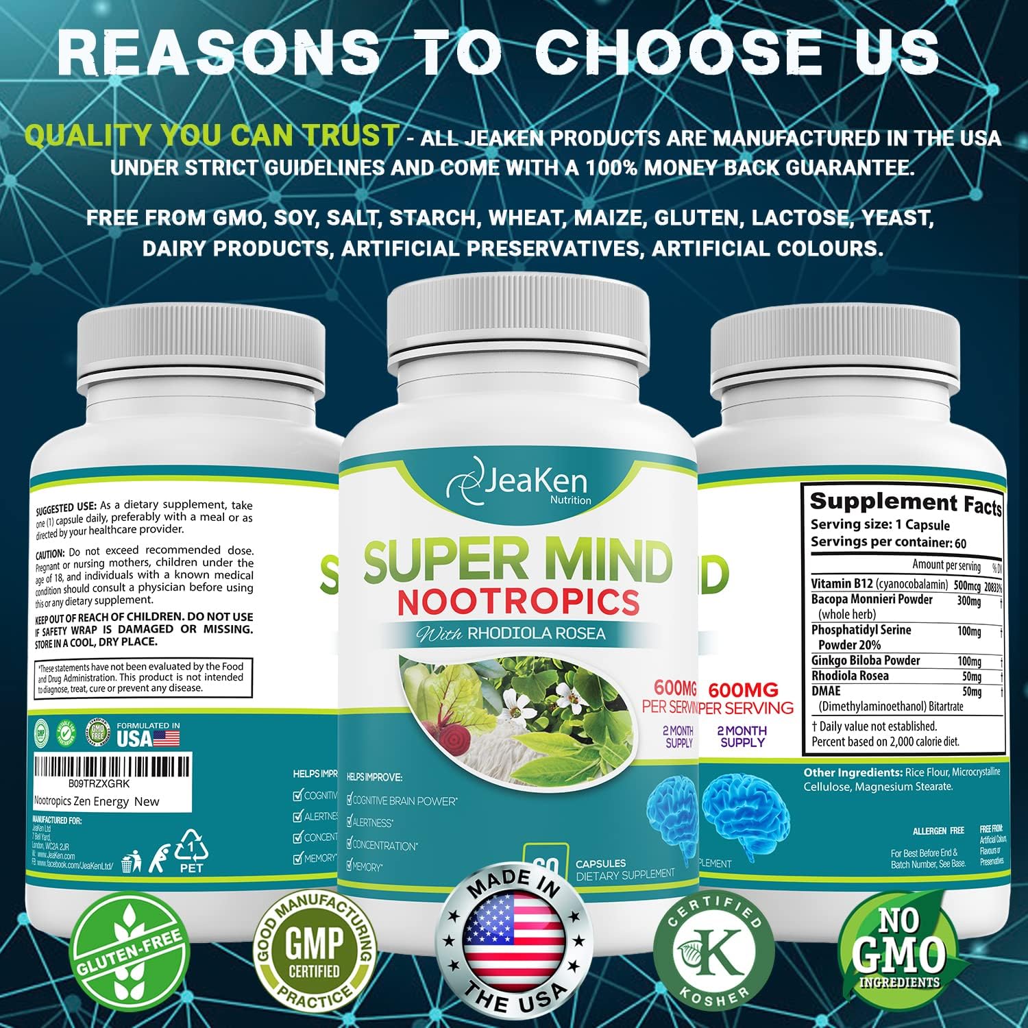 Natural Brain Boost Supplement with Bacopa Monnieri, Rhodiola Rosea, Ginkgo Biloba & Vitamin B12 - 60 Vegan Capsules - Made in USA by JeaKen