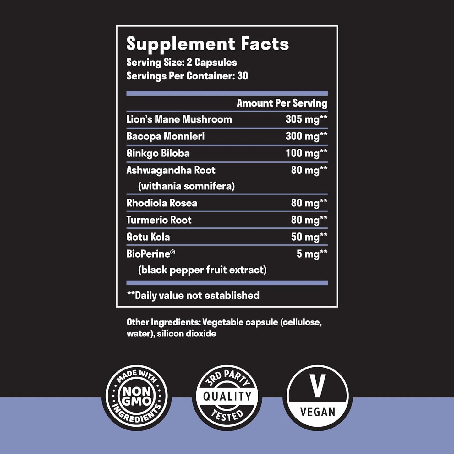 Natural Brain Support Supplement with Lion’s Mane, Ginkgo Biloba, Bacopa Monnieri, and Ashwagandha Root - Memory and Focus Booster - Nootropic Supplement for Brain Health - 60 Capsules