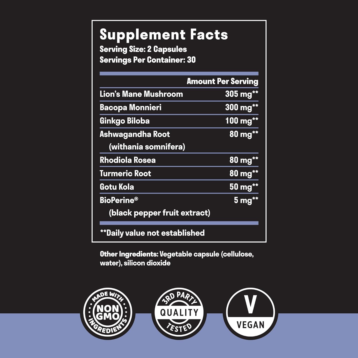 Natural Brain Support Supplement with Lion’s Mane, Ginkgo Biloba, Bacopa Monnieri, and Ashwagandha Root - Memory and Focus Booster - Nootropic Supplement for Brain Health - 60 Capsules