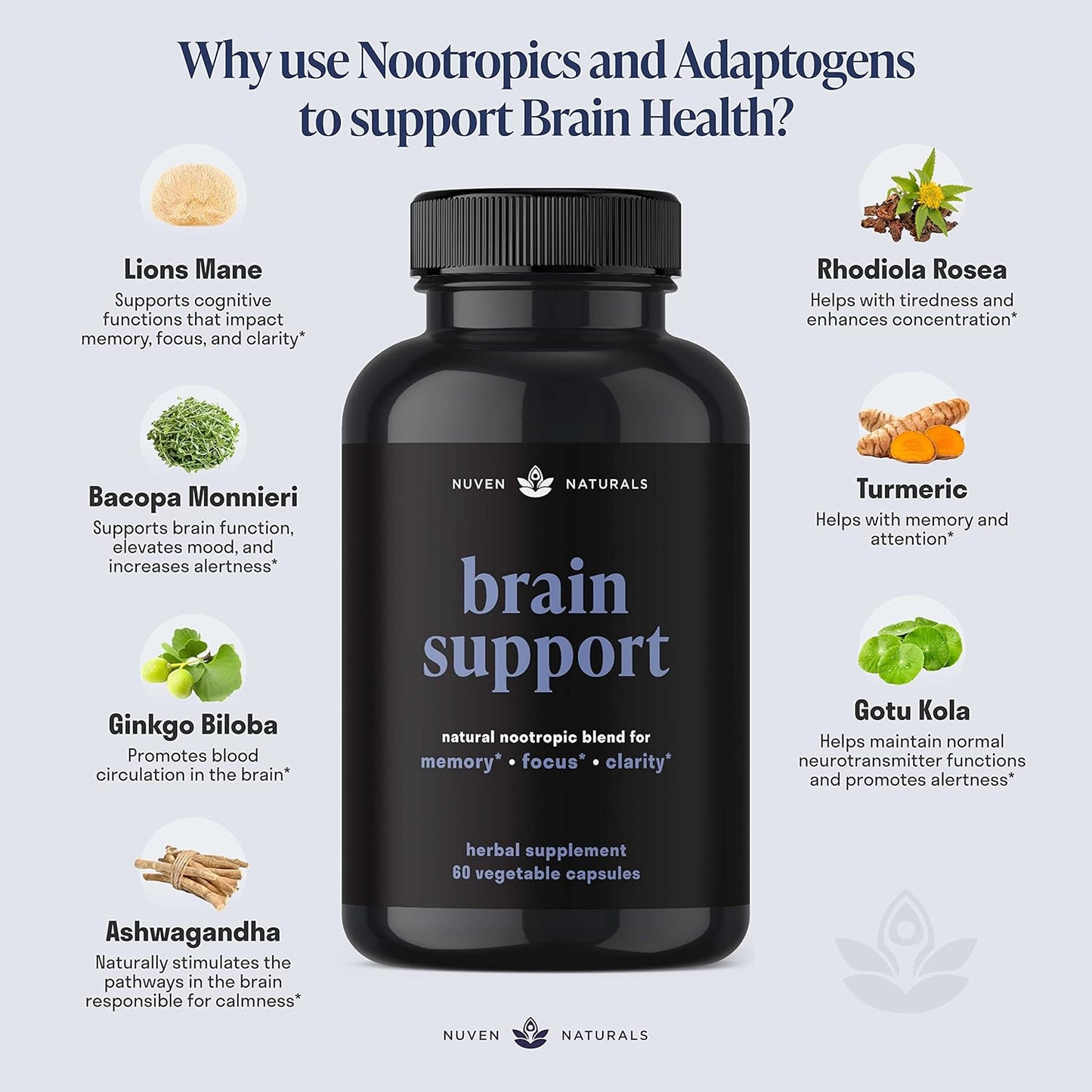 Natural Brain Support Supplement with Lion’s Mane, Ginkgo Biloba, Bacopa Monnieri, and Ashwagandha Root - Memory and Focus Booster - Nootropic Supplement for Brain Health - 60 Capsules