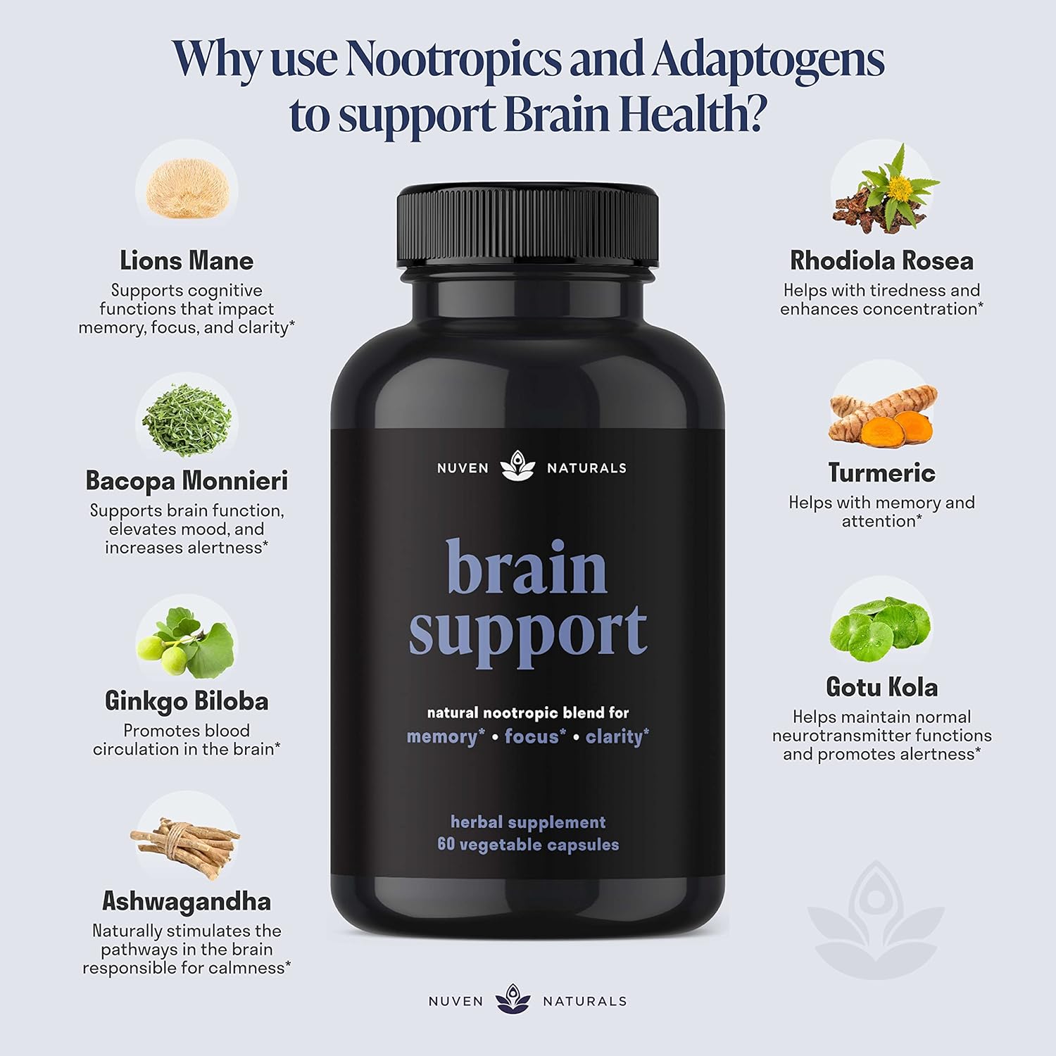 Natural Brain Support Supplement with Lion’s Mane, Ginkgo Biloba, Bacopa Monnieri, and Ashwagandha Root - Memory and Focus Booster - Nootropic Supplement for Brain Health - 60 Capsules
