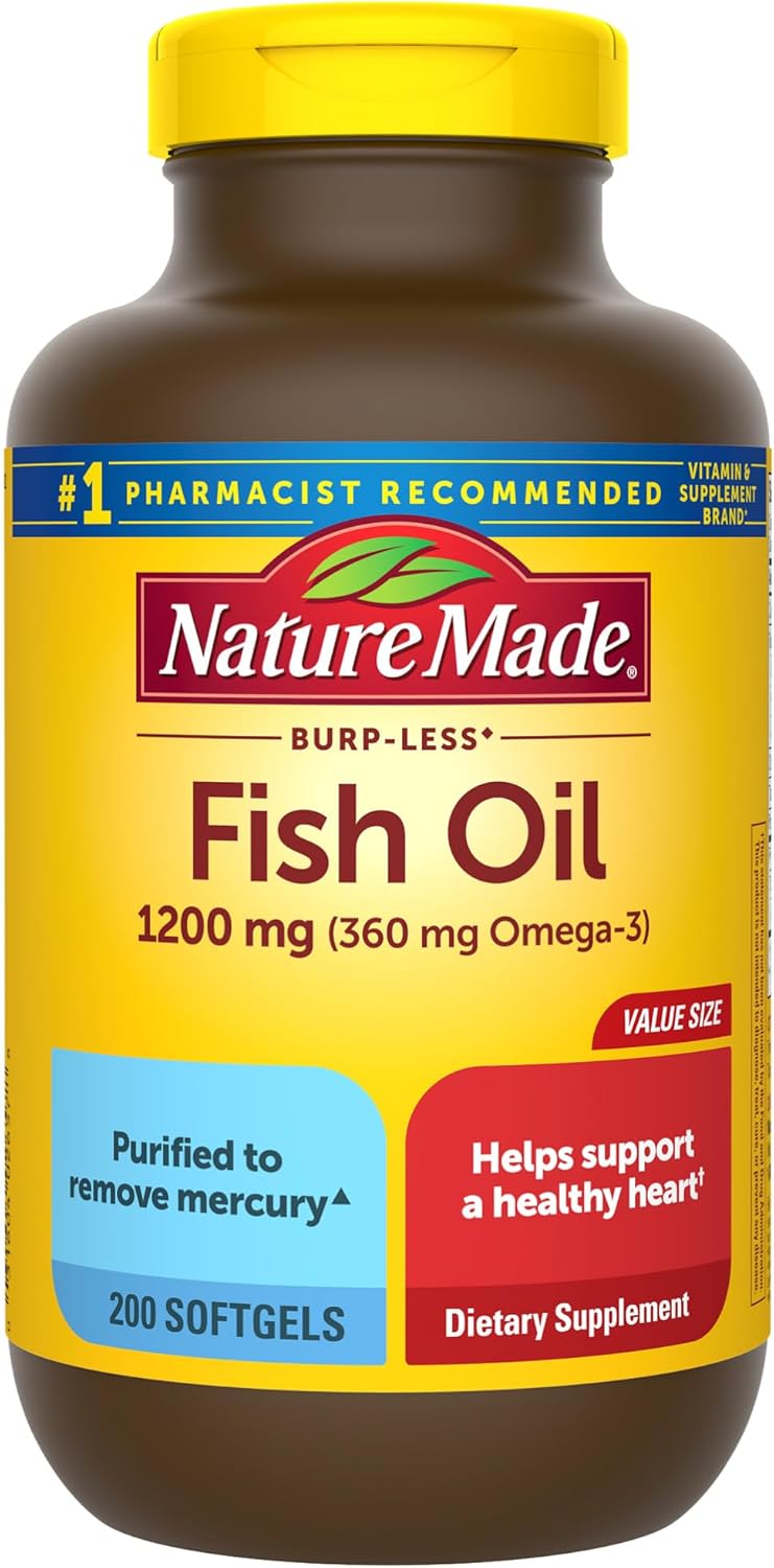 Natural Burpless 1200 mg Fish Oil Supplements with Omega 3 for Heart Health - 200 Softgels, 100 Day Supply