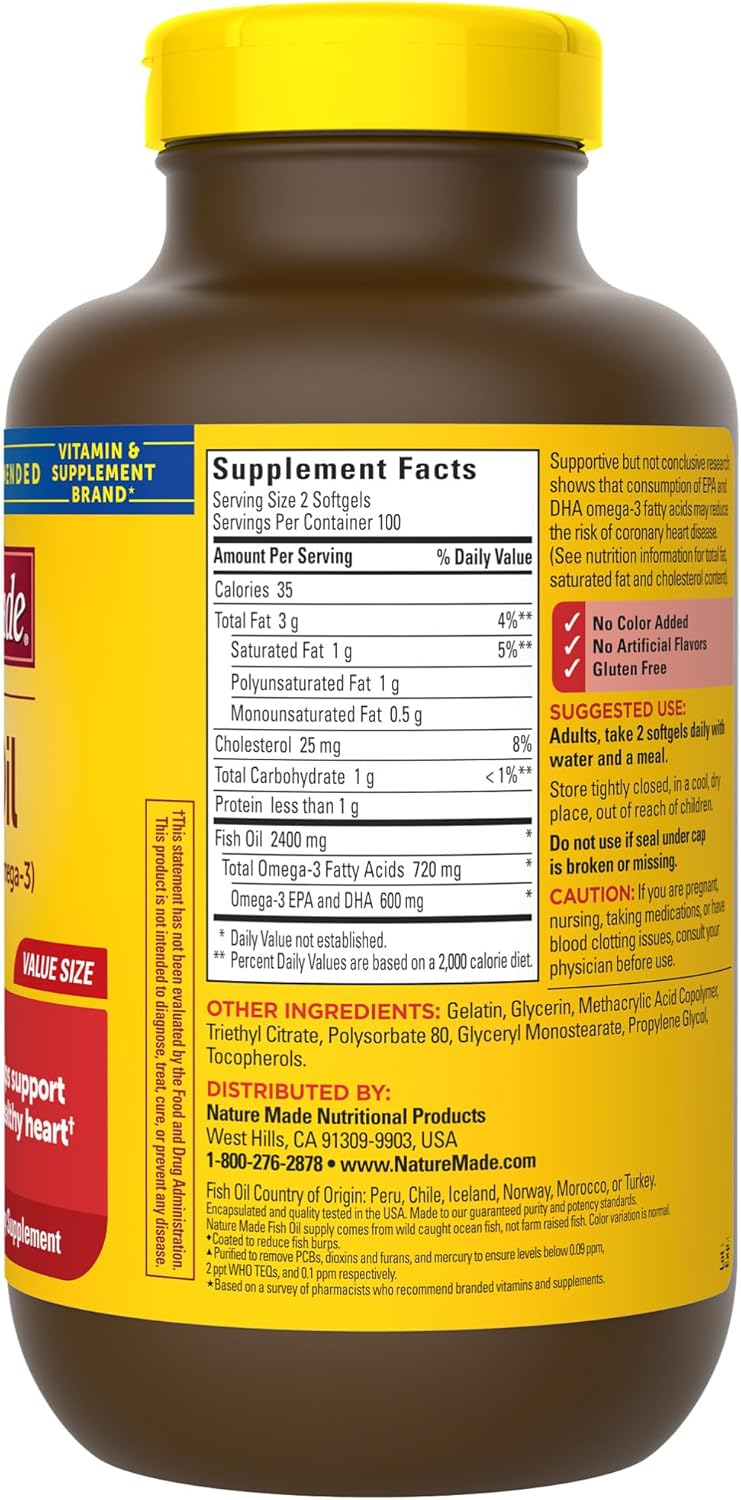 Natural Burpless 1200 mg Fish Oil Supplements with Omega 3 for Heart Health - 200 Softgels, 100 Day Supply