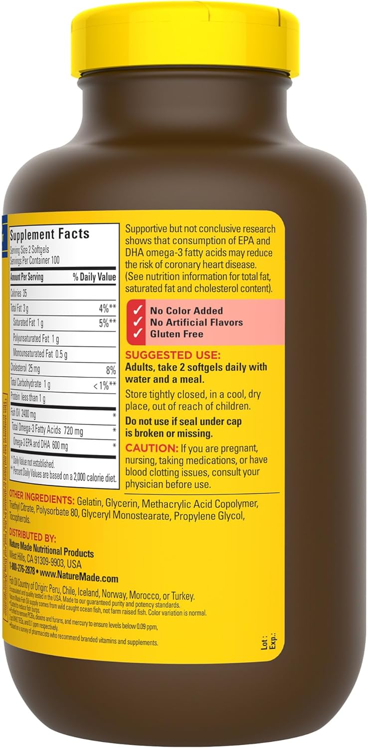 Natural Burpless 1200 mg Fish Oil Supplements with Omega 3 for Heart Health - 200 Softgels, 100 Day Supply