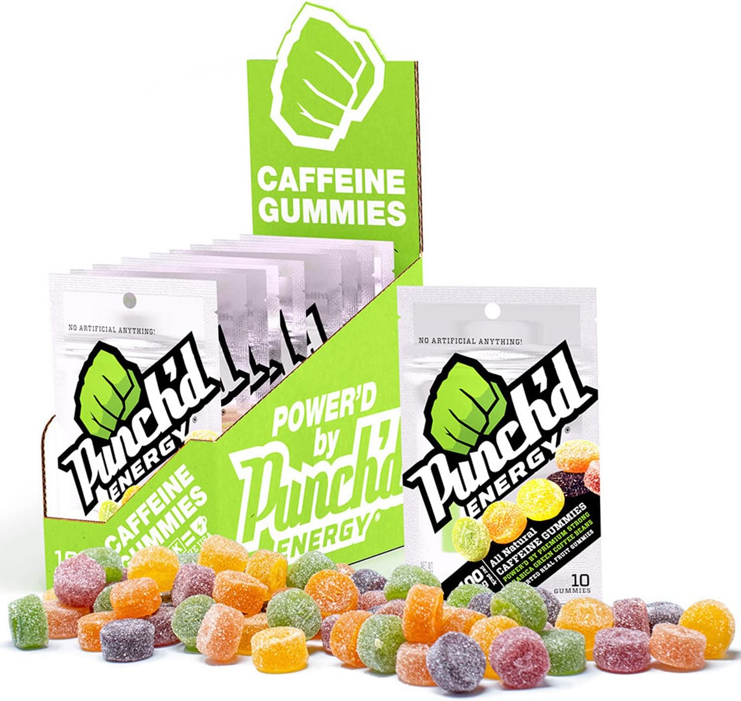 Natural Caffeine Gummies with Green Coffee, 100mg Caffeine per Pack, Clean Label, Low Calorie, Box of 10