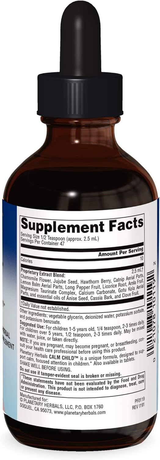 Natural Calm Child Herbal Syrup with Chamomile, Lemon Balm, Catnip - 4oz Bottle by Planetary Herbals