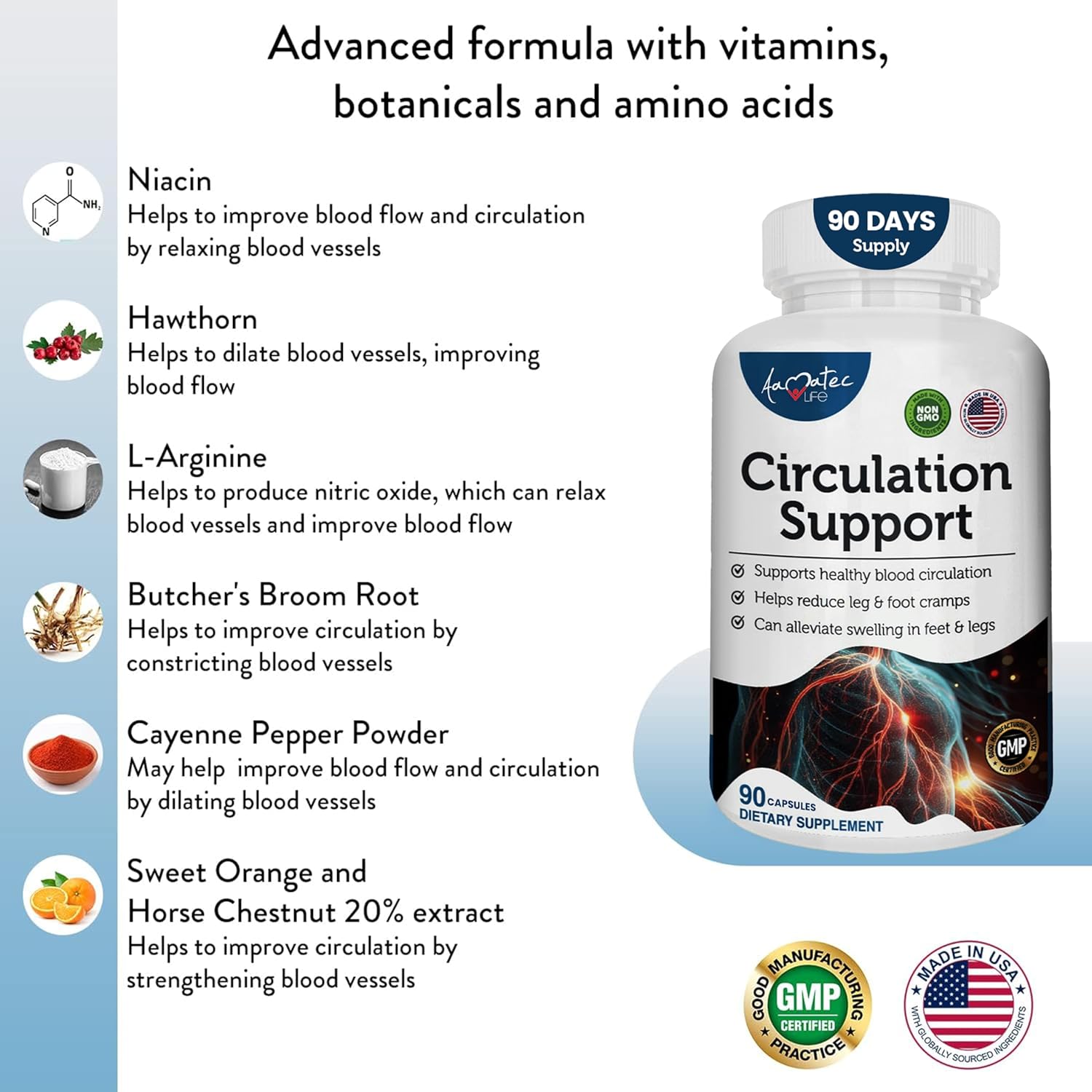 Natural Cardiovascular Support Supplement for Healthy Blood Circulation - Promotes Heart Health with L-Arginine and Ginger Root - 90 Capsules