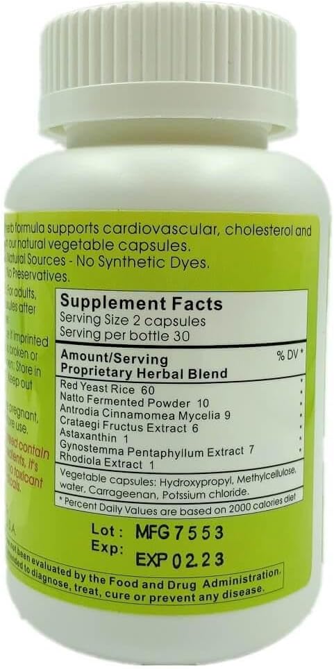Natural Cardiovascular Support Supplement with Red Yeast Rice, Natto Fermented Powder, Antrodia Mushrooms - 60 Capsules for Overall Health by Meditalent