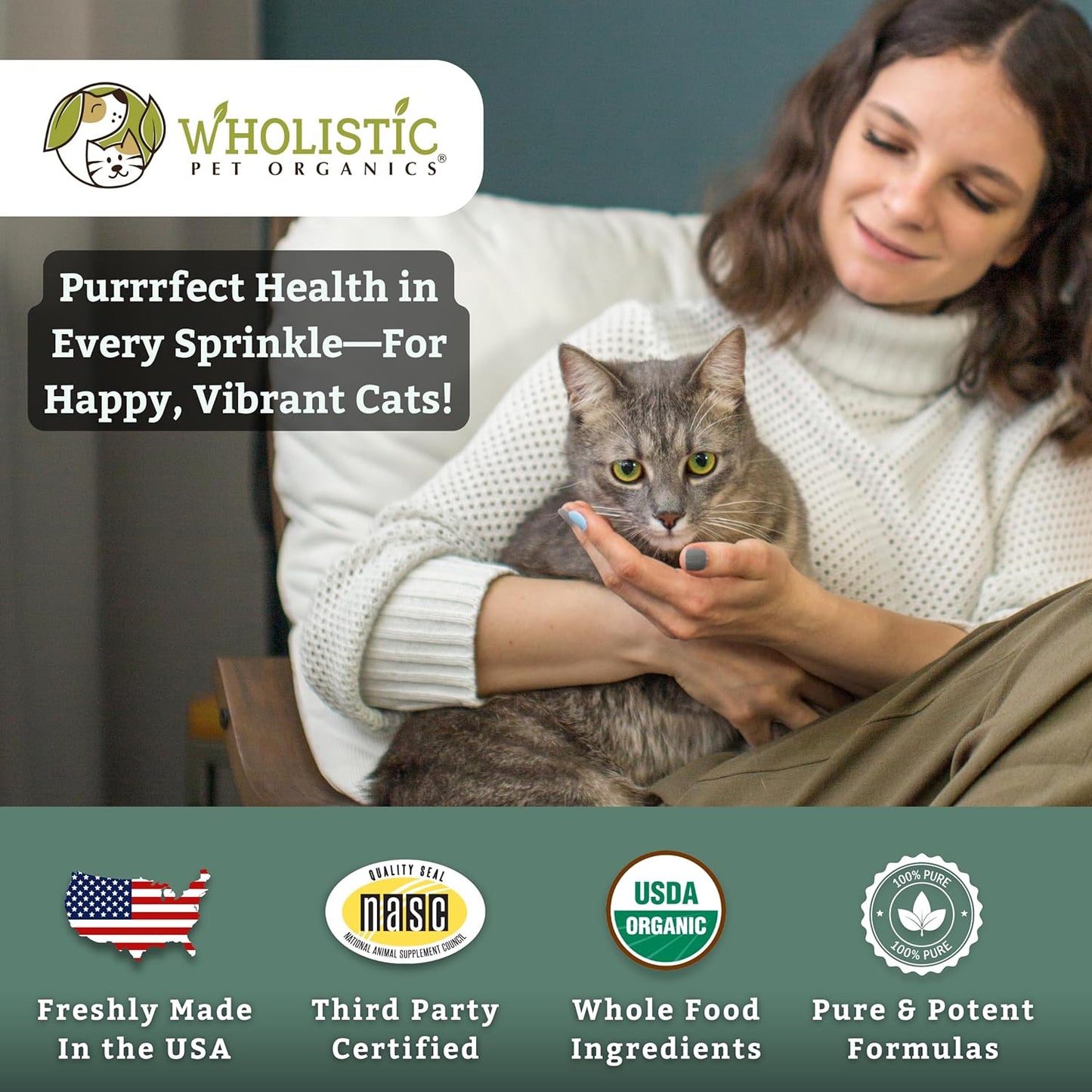 Natural Cat Food Supplement - Wholistic Pet Organics Feline Complete - 8 Oz - Multivitamin & Probiotic Powder - Digestive Support for Cats