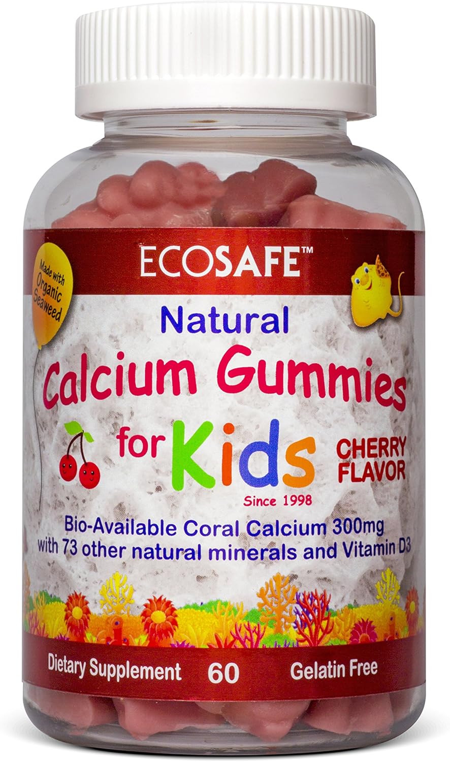 Natural Cherry Flavored Kids Gummy with Coral Calcium and Vitamin D3 - Non GMO, Gluten-Free, Dairy-Free, Soy-Free - 300mg Calcium, 800 IU Vitamin D3 - 60 Gummies