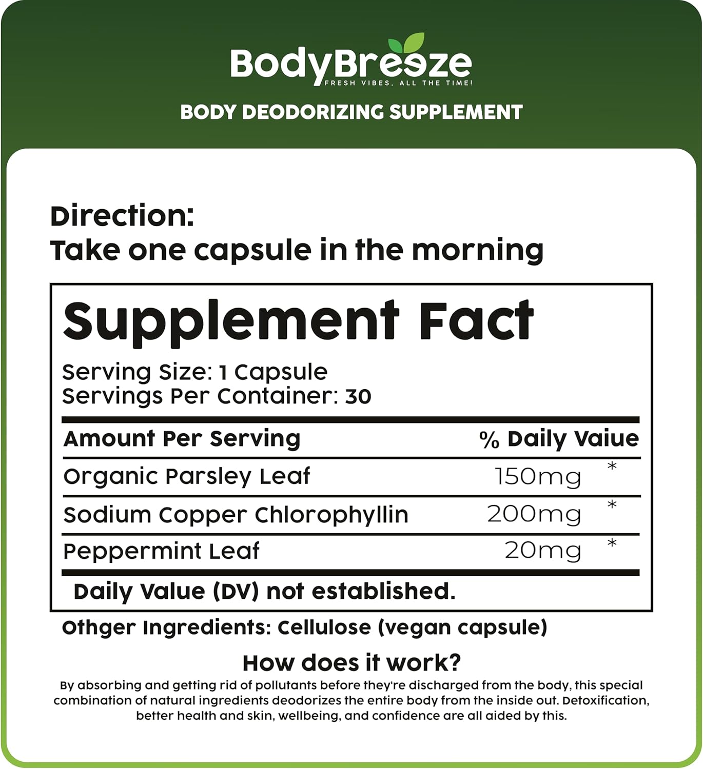 Natural Chlorophyll Supplement for Body Odor, Gut Health, and Fresh Breath - 90 Vegan Capsules for Detox Support and Skin Health - Internal Deodorant for Men and Women
