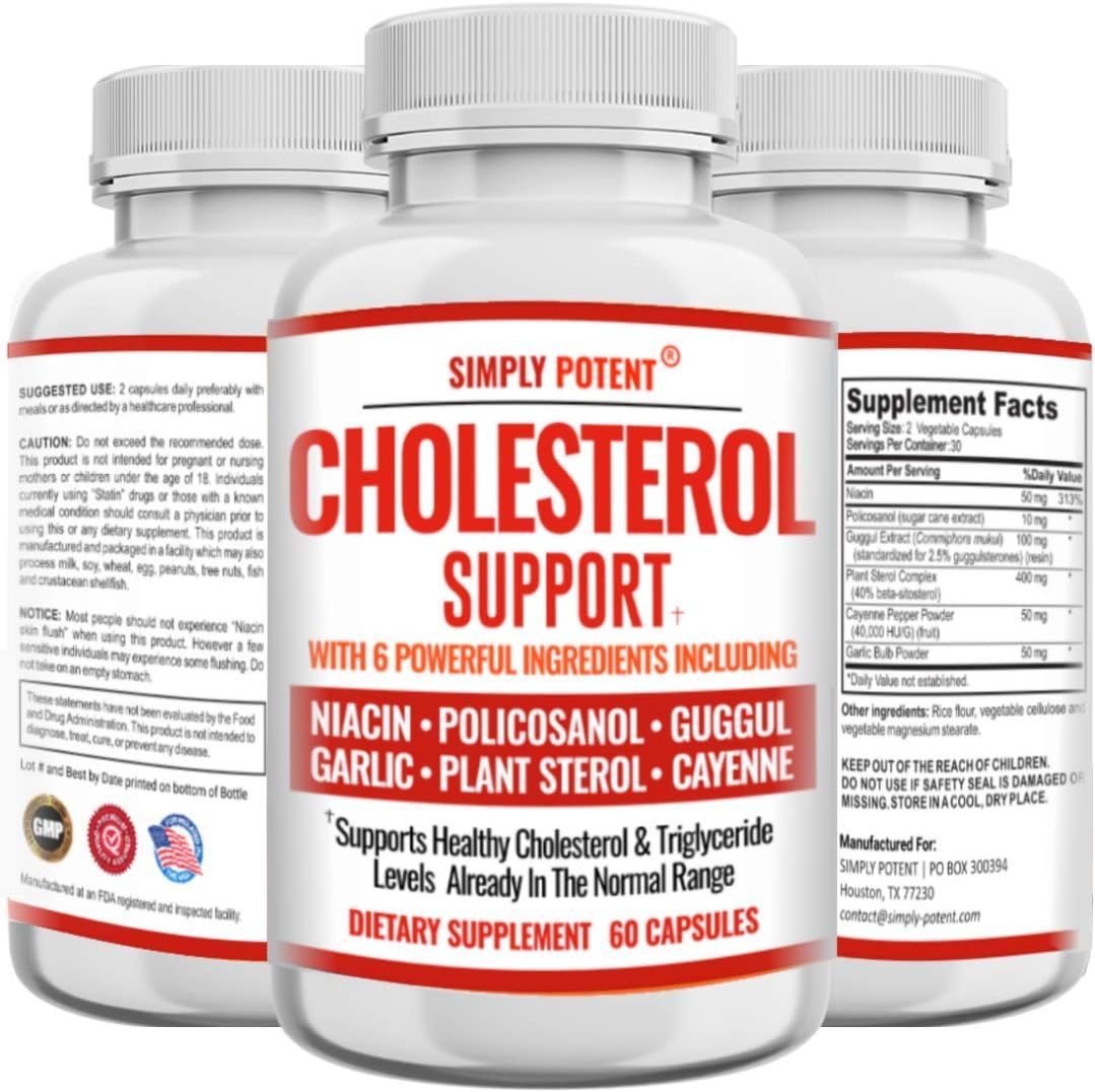 Natural Cholesterol Lowering Supplement with Garlic, Plant Sterols, Niacin - Heart Healthy Capsules for Lowering LDL & Raising HDL - 60 Ct