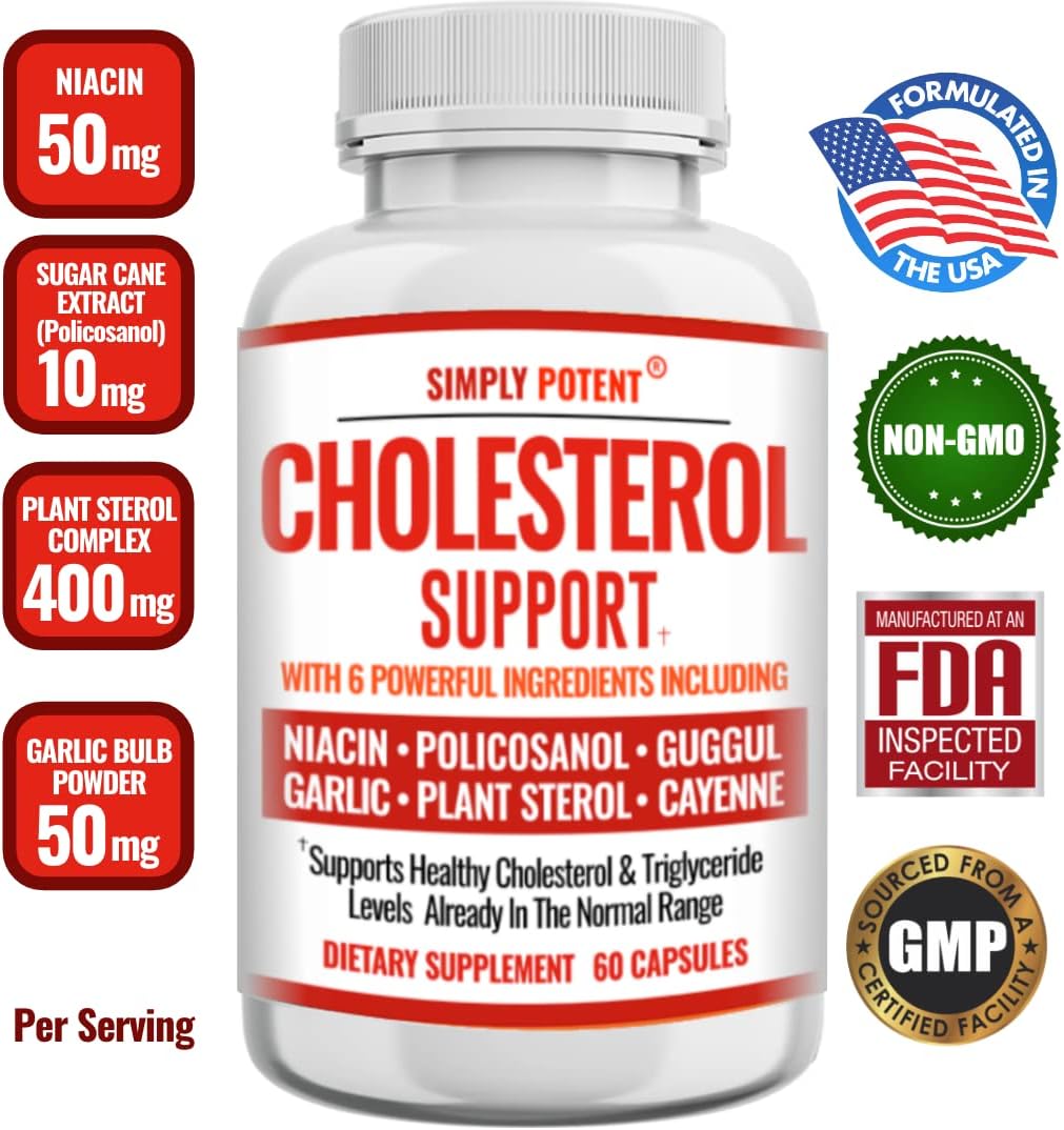Natural Cholesterol Lowering Supplement with Garlic, Plant Sterols, Niacin - Heart Healthy Capsules for Lowering LDL & Raising HDL - 60 Ct