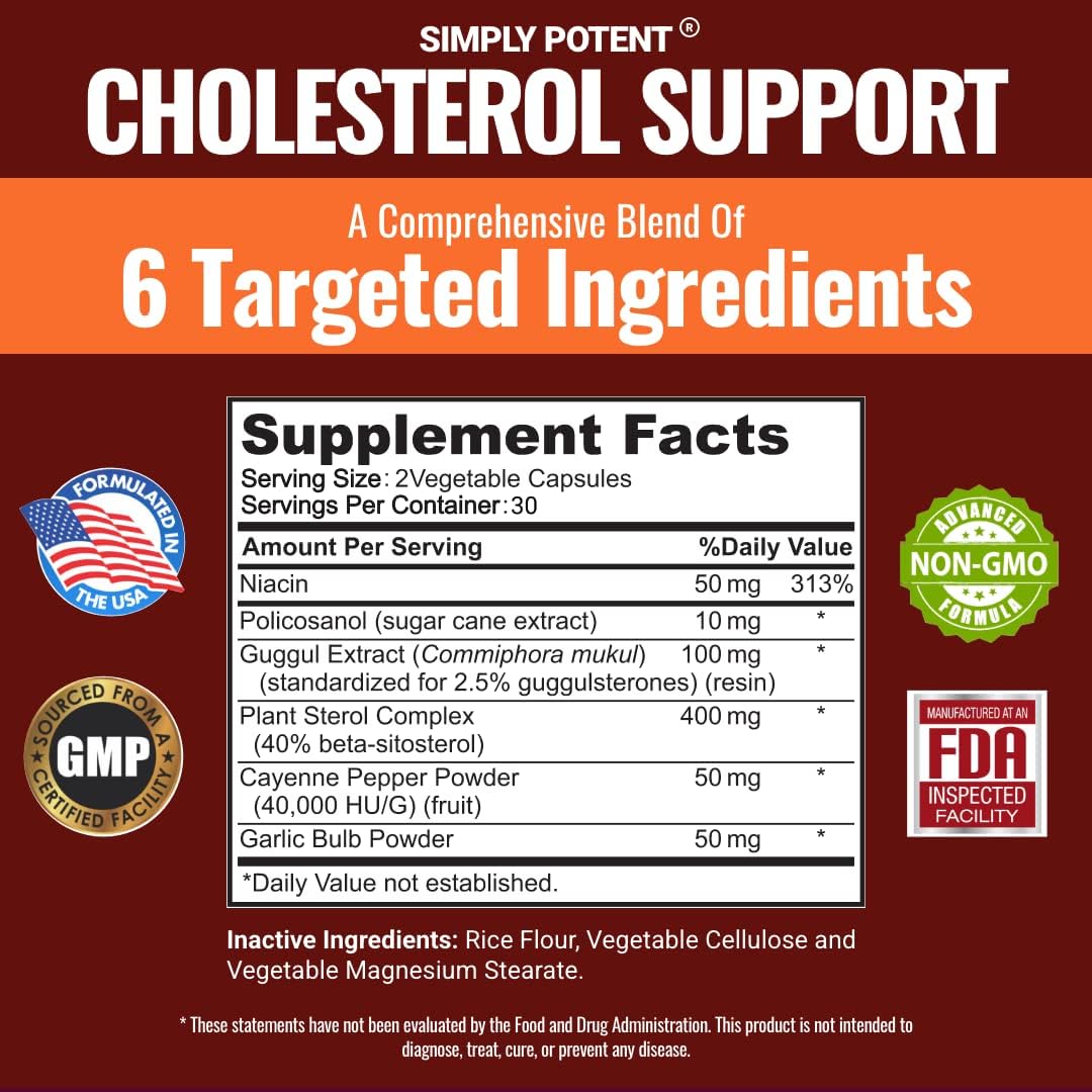 Natural Cholesterol Lowering Supplement with Garlic, Plant Sterols, Niacin - Heart Healthy Capsules for Lowering LDL & Raising HDL - 60 Ct