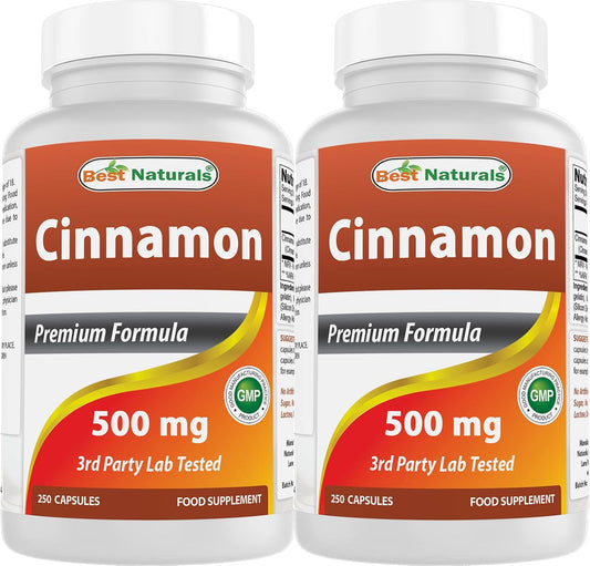 Natural Cinnamon 500 mg Capsules - Pack of 500 (250 Count x 2) for Optimal Health