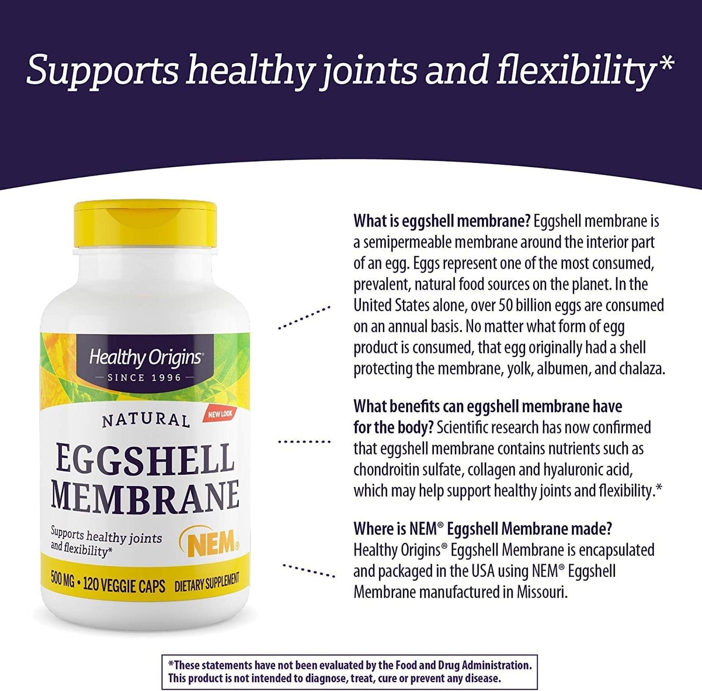 Natural Collagen Joint Support Supplement - Healthy Origins Eggshell Membrane (NEM) 500mg - Gluten-Free - 120 Capsules