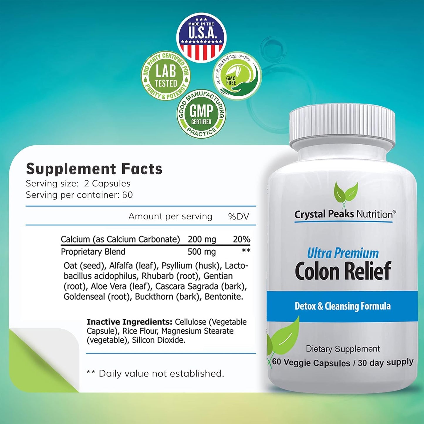 Natural Colon Cleanser Capsules for Constipation Relief - Detox and Gut Cleanse with Cascara Sagrada, Psyllium Husk & Bentonite - 60 Capsules