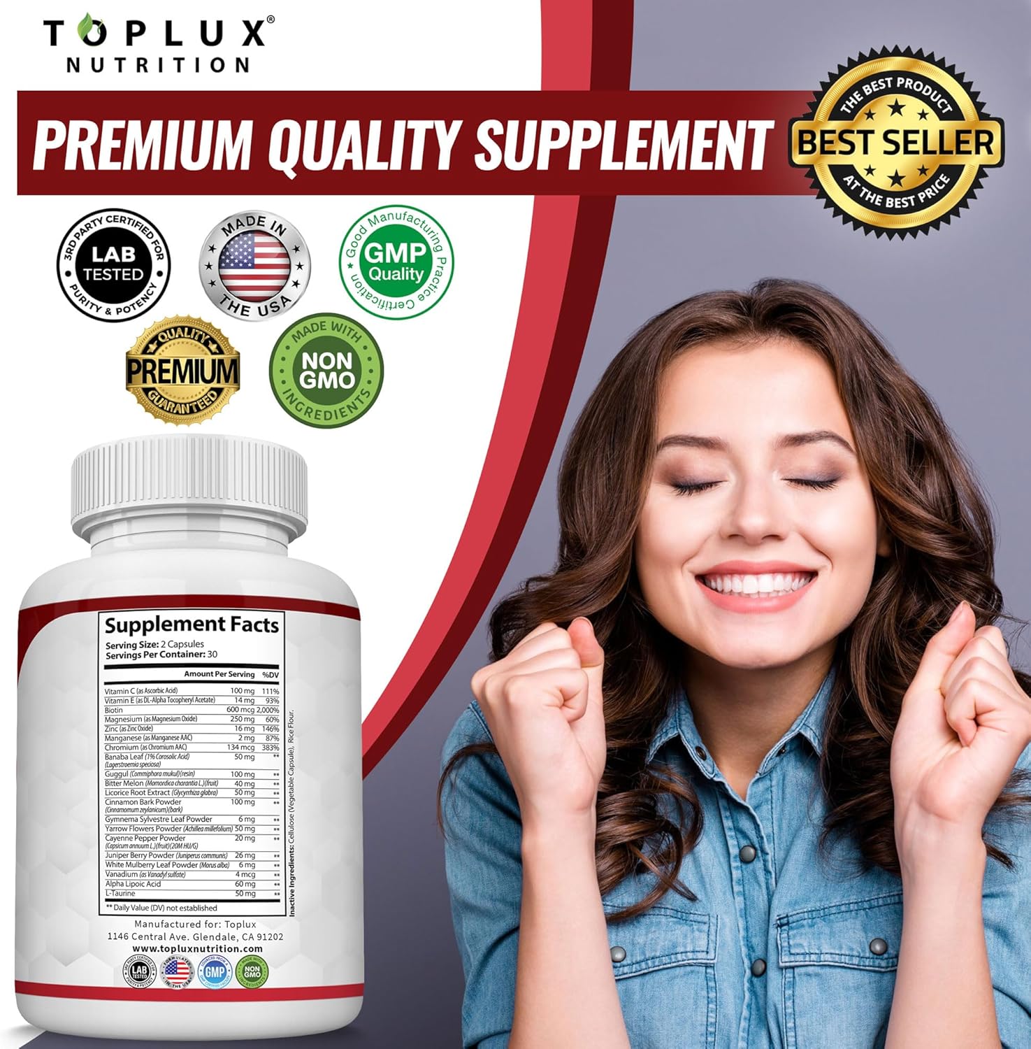 Natural Complex Supplement with 20 Herbs and Vitamins - Toplux Premium Non-GMO Vegan Capsules for Men and Women