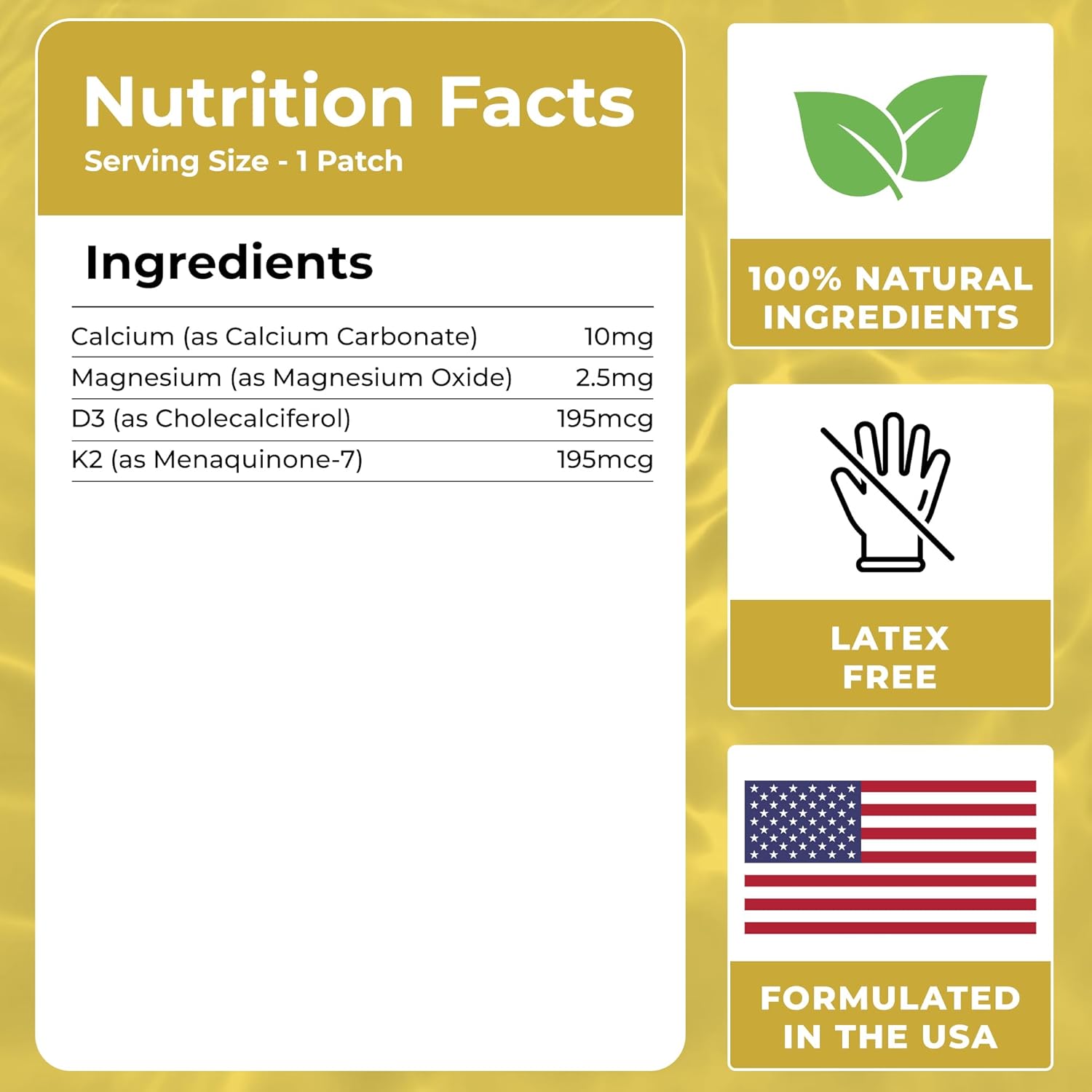 Natural D Patch with Calcium, Magnesium, K2 - 60 Patches for Immune & Body Support