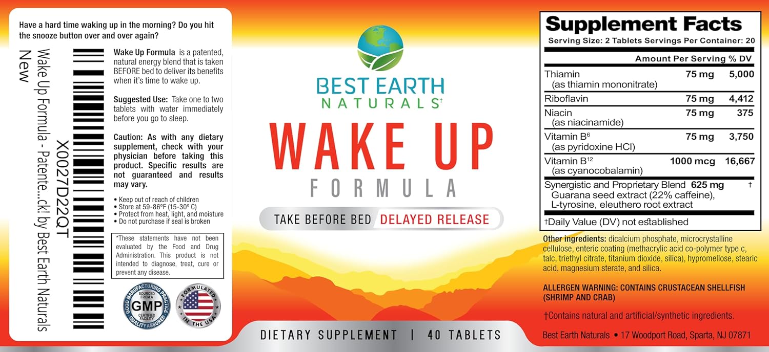 Natural Delayed Time Release Energy Supplement: Best Earth Naturals Wake Up Formula - 40 Count
