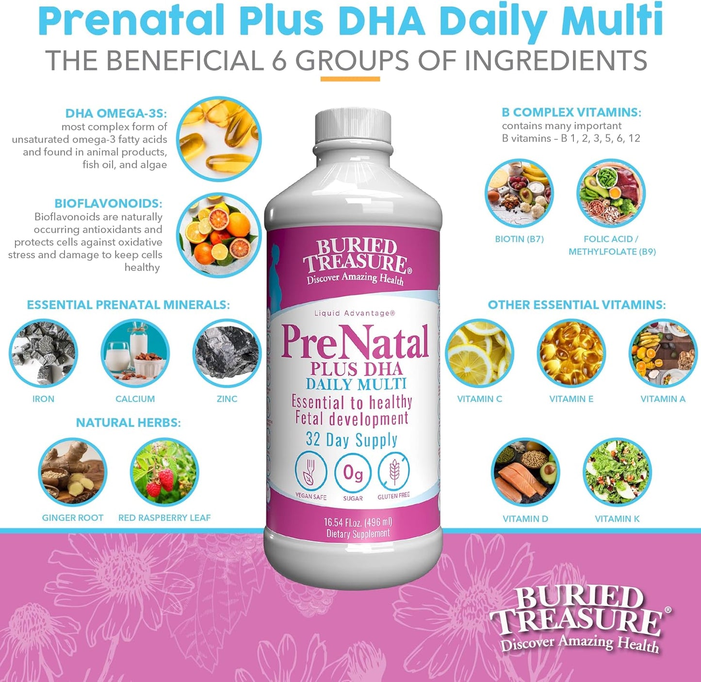 Natural DHA Omega-3 Iron Prenatal Plus Supplement, 16 oz - Buried Treasure Complete