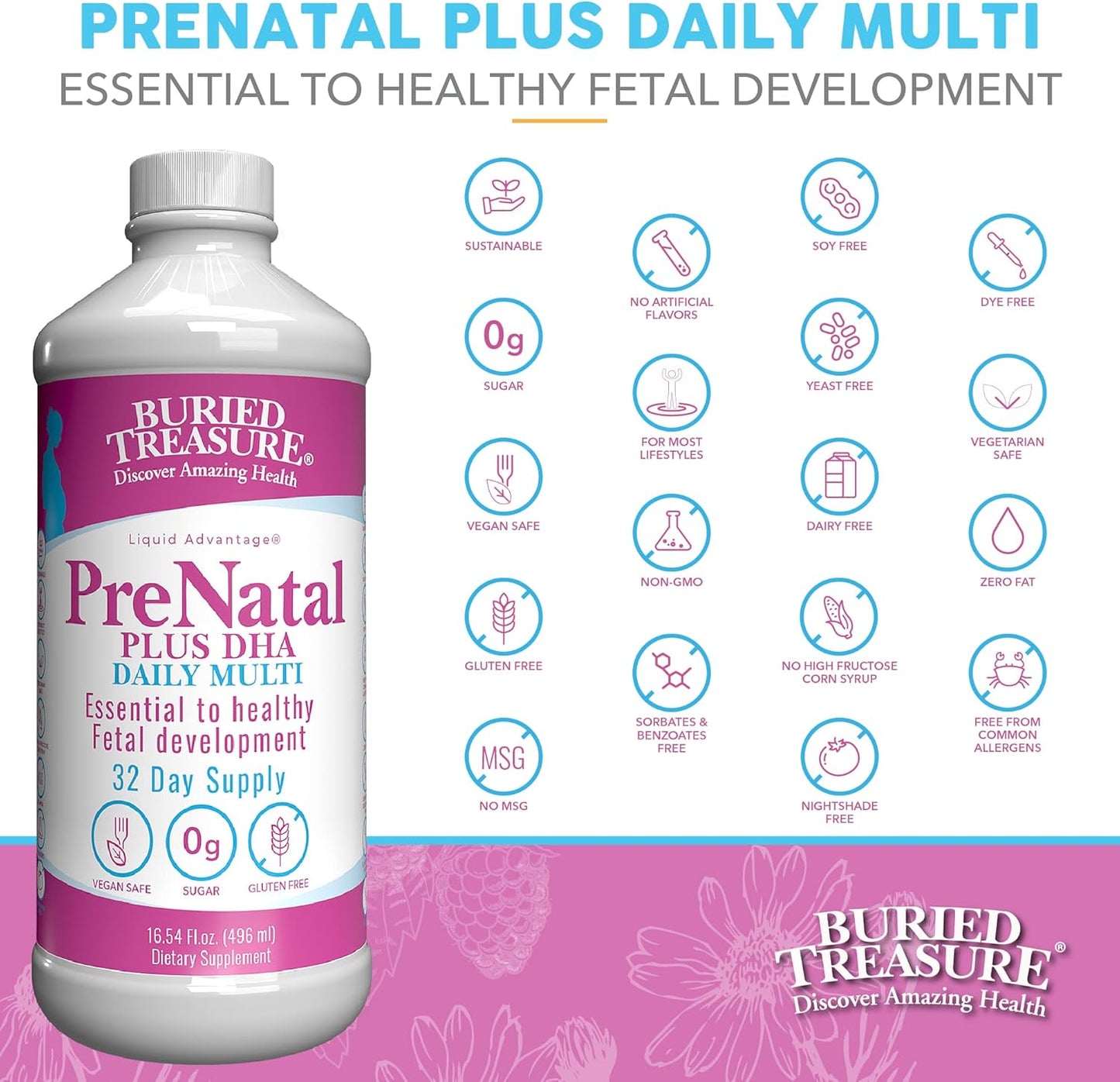 Natural DHA Omega-3 Iron Prenatal Plus Supplement, 16 oz - Buried Treasure Complete