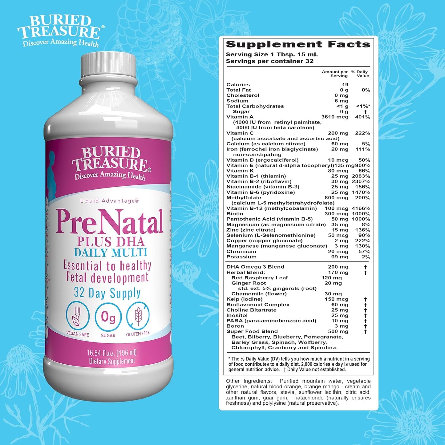 Natural DHA Omega-3 Iron Prenatal Plus Supplement, 16 oz - Buried Treasure Complete