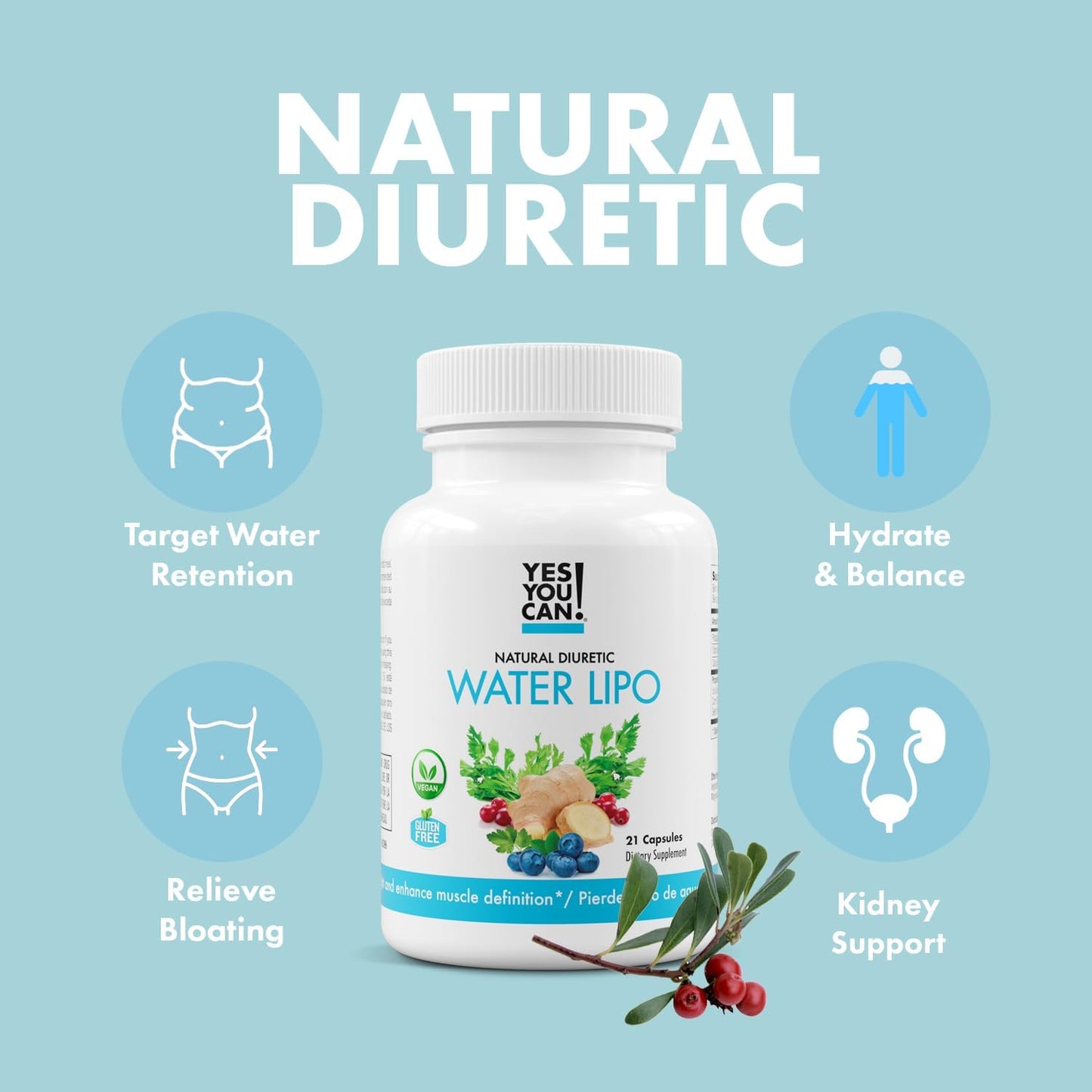 Natural Diuretic Cleanse Pills with Electrolytes & Vitamins for Water Retention - Gluten-Free, 21 Capsules