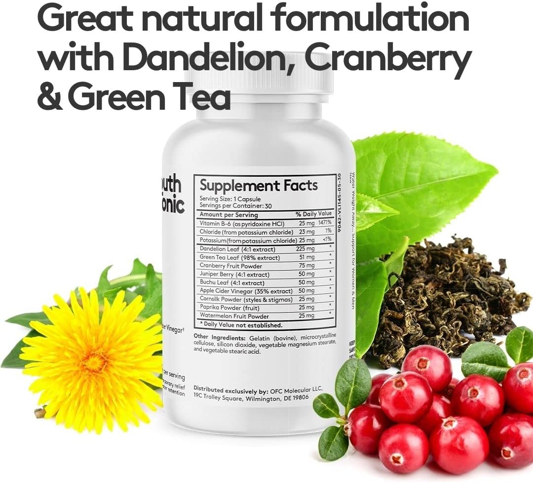 Natural Diuretic Pills for Water Retention & Bloating - Herbal Supplement for Men & Women - 30 Capsules with Potassium - Caffeine Free