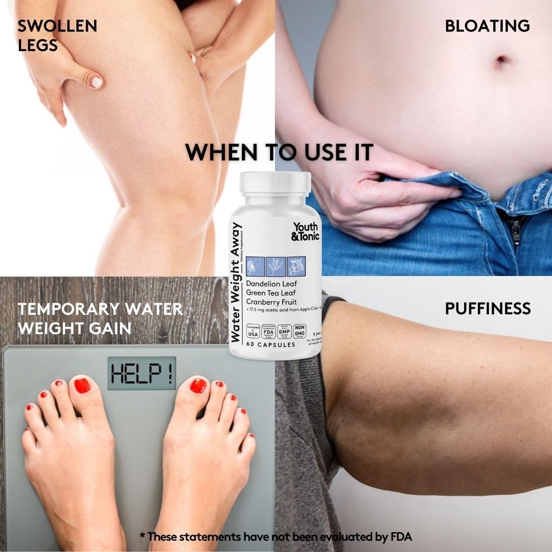 Natural Diuretic Supplement with Electrolytes for Belly Bloating & Water Retention - 120 Capsules by Youth & Tonic