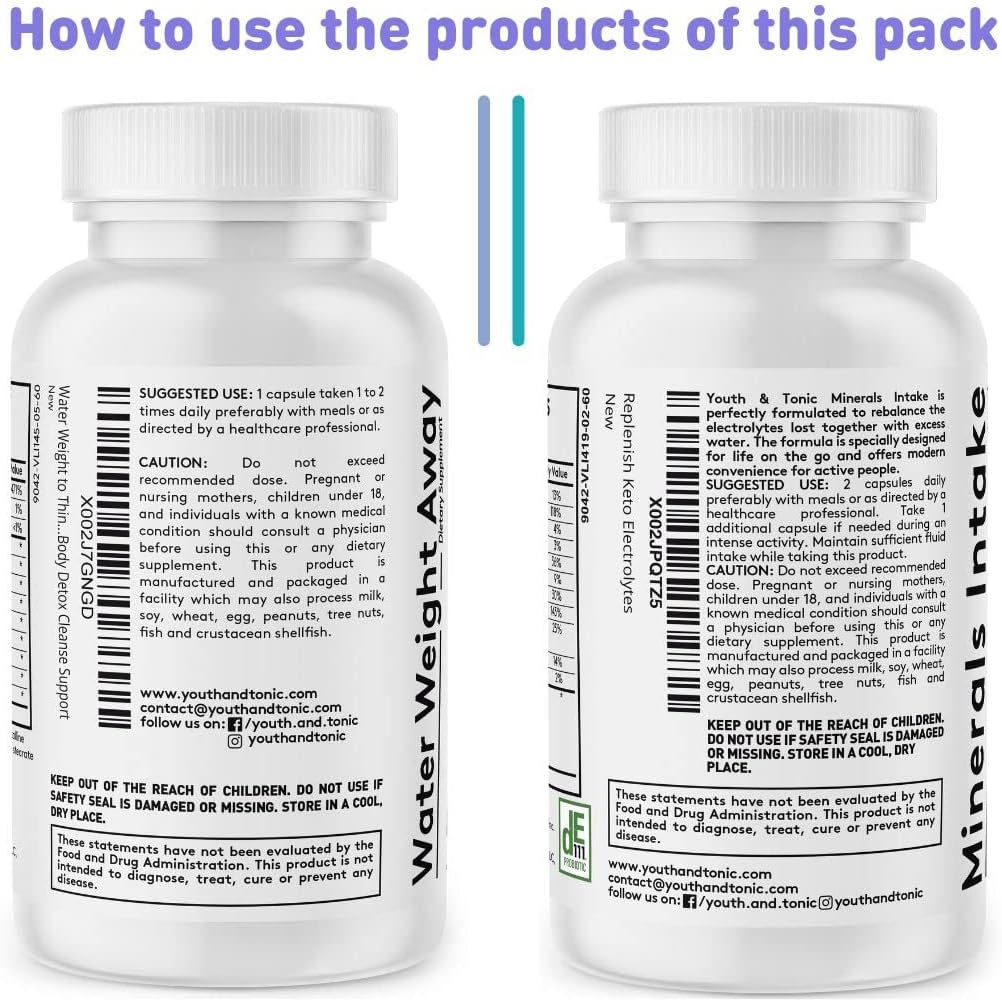 Natural Diuretic Supplement with Electrolytes for Belly Bloating & Water Retention - 120 Capsules by Youth & Tonic