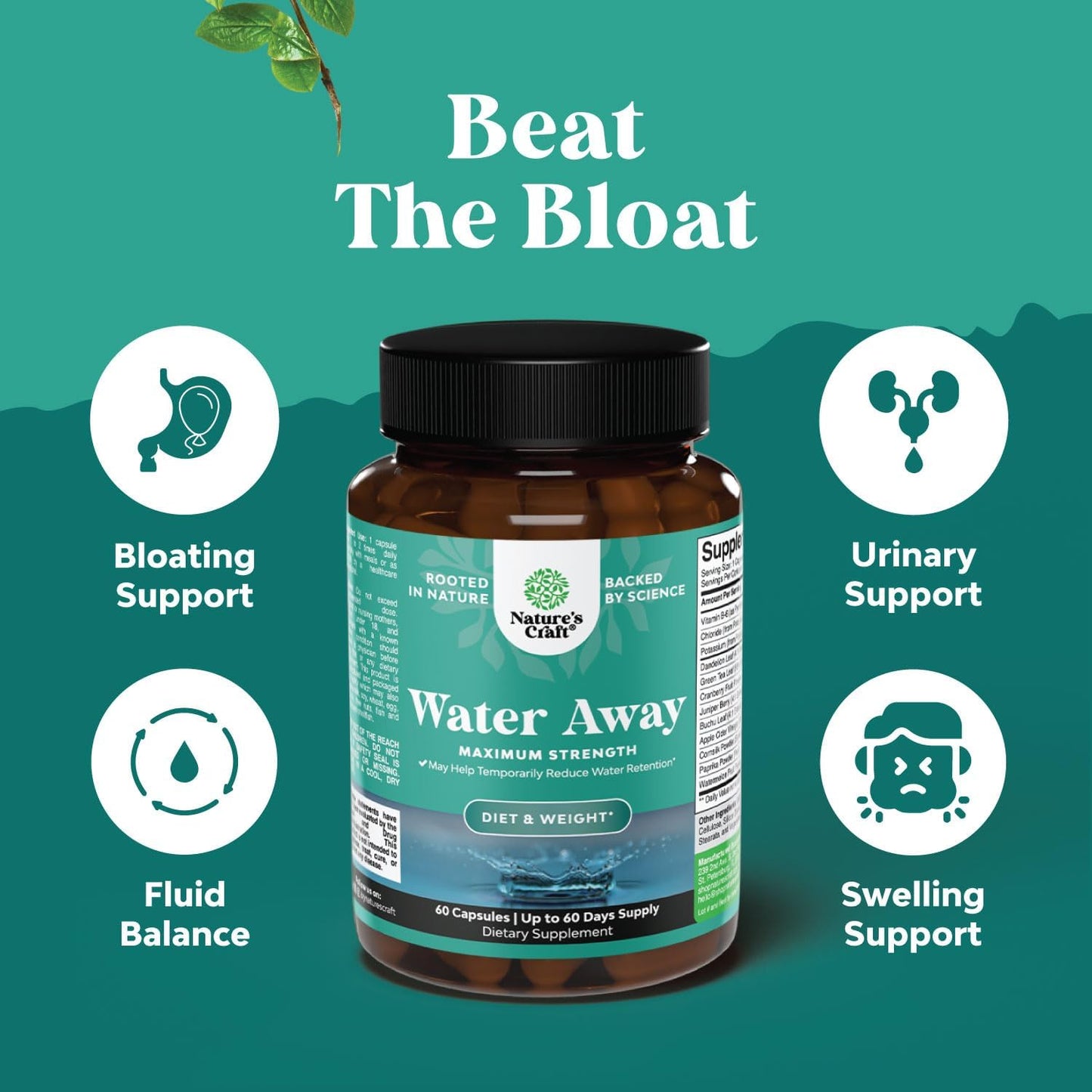Natural Diuretic Water Away Supplement for Quick Bloating Relief, Reduce Water Retention, Support Weight Loss & Boost Energy - 100% Pure Formula
