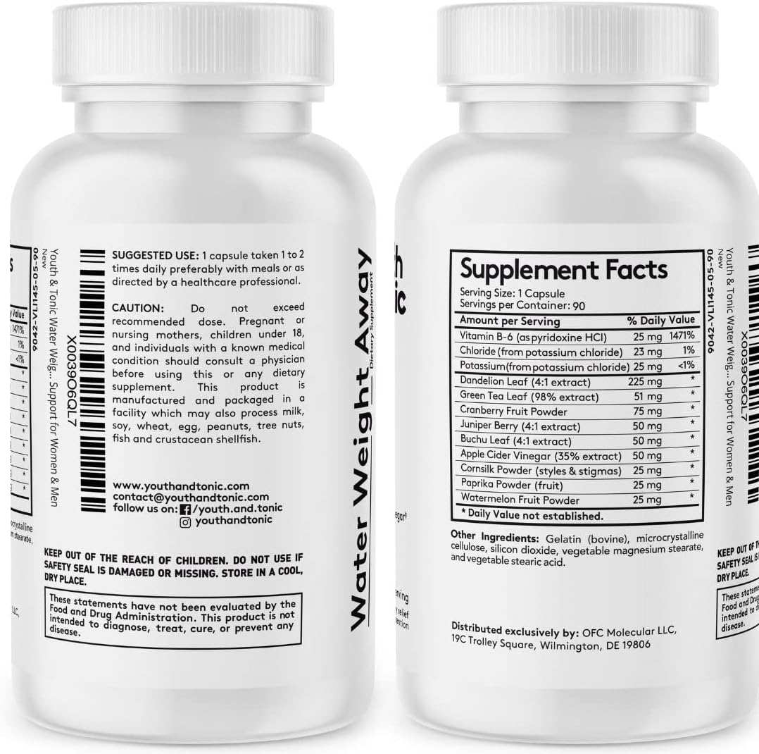 Natural Diuretic Water Pills for Swelling & Bloating Relief - 90 Count Herbal Supplement for Men & Women