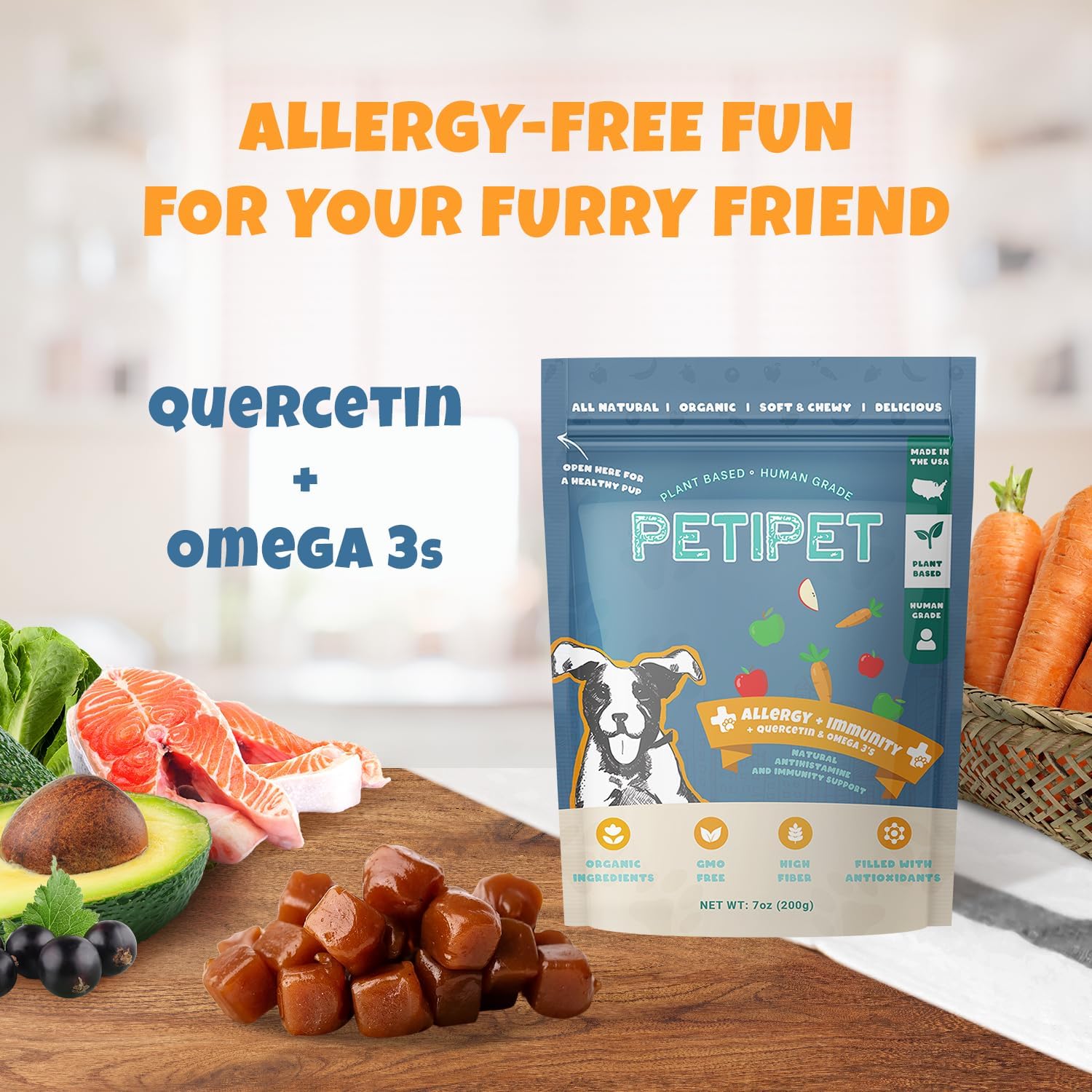 Natural Dog Allergy Relief Chews with Quercetin and Omega 3 - Antihistamine for Itching, Paw Licking, Allergies - Supports Skin Health and Immune System